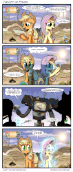 Size: 1200x2829 | Tagged: safe, artist:gray--day, applejack, fluttershy, robot, g4, animated, comic, crossover, desert, dialogue, drinking, fallout, gif, glowing, map, nuka cola, nuka cola quantum, one eye closed, securitron, sweat, victor, what has science done, wink