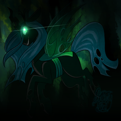 Size: 1440x1440 | Tagged: safe, artist:snowyfool, queen chrysalis, changeling, changeling queen, g4, evil smile, fangs, female, glowing eyes, profile, signature, solo