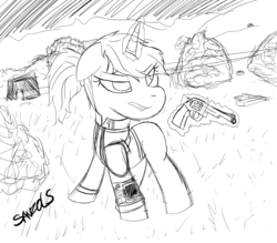 Size: 1600x1400 | Tagged: safe, artist:sanzols, pony, unicorn, fallout, gun, monochrome, pipbuck, weapon