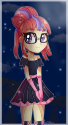 Size: 1024x1866 | Tagged: dead source, safe, artist:vixelzf, moondancer, human, equestria girls, g4, boots, breasts, cleavage, clothes, commission, cute, dress, equestria girls-ified, female, gala dress, glasses, meganekko, night, shoes, socks, solo, thigh boots, thigh highs