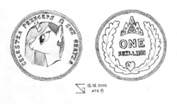 Size: 2562x1508 | Tagged: safe, artist:s-guide, princess celestia, g4, coin, female, monochrome, newbie artist training grounds, solo, traditional art