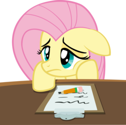 Size: 6326x6280 | Tagged: safe, artist:pink1ejack, fluttershy, g4, viva las pegasus, absurd resolution, clipboard, cute, female, floppy ears, frown, leaning, lidded eyes, pencil, sad, shyabetes, simple background, solo, table, transparent background, vector
