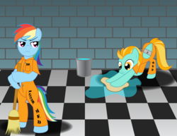 Size: 3000x2320 | Tagged: safe, artist:spellboundcanvas, lightning dust, rainbow dash, g4, broom, bucket, cleaning, clothes, high res, iwtcird, meme, prison, prison outfit, prisoner rd