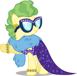 Size: 859x850 | Tagged: safe, artist:seahawk270, fluttershy, g4, viva las pegasus, bracelet, clothes, disguise, ear piercing, eyes closed, female, impossibly rich, jewelry, piercing, raised hoof, simple background, solo, sunglasses, transparent background, vector