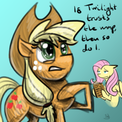 Size: 500x500 | Tagged: safe, artist:sallindaemon, applejack, fluttershy, g4, my little pony: friendship is magic, viva las pegasus, book, implied twijack