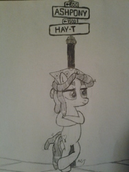 Size: 1536x2048 | Tagged: safe, artist:mopar96, tree hugger, g4, female, monochrome, newbie artist training grounds, solo, street sign, traditional art