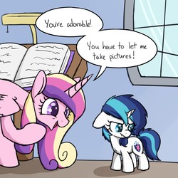 Size: 1280x1280 | Tagged: safe, artist:skitter, princess cadance, shining armor, alicorn, pony, unicorn, g4, 2018, age regression, book, cute, cutedance, dialogue, duo, female, filly, filly gleaming shield, furaffinity, furaffinity link, gleamibetes, gleaming adorable, gleaming shield, mare, open mouth, rule 63, rule63betes, scrunchy face, shining adorable, smiling, speech bubble, transformation, transgender transformation