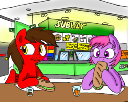 Size: 708x569 | Tagged: safe, artist:toyminator900, oc, oc only, oc:chip, oc:melody notes, pegasus, pony, duo, eating, food, sandwich, subway (restaurant)