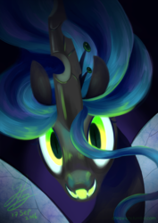 Size: 842x1190 | Tagged: safe, artist:chirpy-chi, queen chrysalis, changeling, changeling queen, g4, crown, cute, cutealis, female, glowing, happy, jewelry, looking at you, open mouth, regalia, smiling, solo