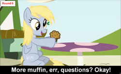 Size: 1600x973 | Tagged: safe, derpy hooves, pegasus, pony, comic:celestia's servant interview, g4, caption, cs captions, female, food, holding, interview, mare, muffin, sitting, solo, table