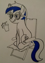 Size: 1890x2645 | Tagged: safe, artist:thapaperjam, minuette, pony, unicorn, g4, chair, drink, female, folding chair, glasses, newbie artist training grounds, shutter shades, sitting, solo, sunglasses, traditional art