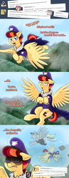 Size: 1280x3305 | Tagged: safe, artist:wiggles, derpy hooves, oc, oc:special delivery, pegasus, pony, g4, comic, equestrian post, female, flying, mailbag, mare