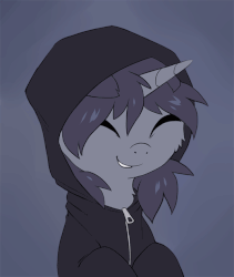 Size: 535x635 | Tagged: dead source, safe, artist:hioshiru, oc, oc only, oc:kate, pony, unicorn, animated, clothes, cute, eyes closed, floppy ears, fluffy, gif, grin, hoodie, ocbetes, prequel (webcomic), simple background, smiling, solo, sweater