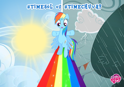 Size: 1000x700 | Tagged: safe, rainbow dash, g4, official, female, my little pony logo, portuguese, rain, rainbow, solo, sun, thunderstorm
