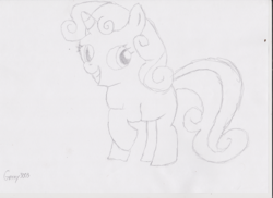 Size: 1000x727 | Tagged: safe, artist:greeny3003, sweetie belle, g4, female, missing cutie mark, monochrome, newbie artist training grounds, solo, traditional art