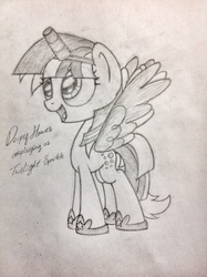Size: 1936x2592 | Tagged: safe, artist:squeaky-belle, derpy hooves, twilight sparkle, alicorn, pony, g4, alicorn costume, clothes, cosplay, costume, fake horn, fake wings, monochrome, newbie artist training grounds, nightmare night costume, paper-thin disguise, toilet paper roll, toilet paper roll horn, traditional art, twilight muffins, twilight sparkle (alicorn), wig