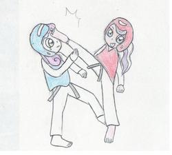 Size: 668x602 | Tagged: source needed, safe, anonymous artist, diamond tiara, sweetie belle, equestria girls, g4, abuse, barefoot, black belt, chest guard, clothes, crying, dobok, feet, gi, headgear, martial arts, pants, robe, sweetiebuse, taekwondo, traditional art