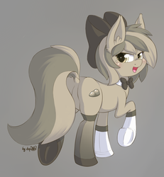 Size: 1280x1383 | Tagged: safe, artist:dsp2003, oc, oc only, oc:stone, earth pony, pony, bedroom eyes, blushing, bow, bowtie, butt, clothes, dock, featureless crotch, female, frog (hoof), looking at you, looking back, looking back at you, open mouth, plot, raised tail, ribbon, socks, solo, stockings, tail, tail aside, thigh highs, underhoof