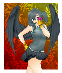 Size: 2300x2700 | Tagged: safe, artist:magico-enma, gabby, human, g4, my little pony: friendship is magic, the fault in our cutie marks, anime, badge, clothes, compression shorts, cute, female, gloves, high res, humanized, looking at you, miniskirt, open mouth, pleated skirt, shorts, skirt, skirt lift, solo, winged humanization