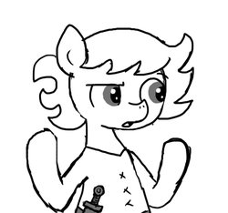 Size: 640x600 | Tagged: safe, artist:ficficponyfic, oc, oc only, oc:ruby rouge, earth pony, pony, colt quest, child, clothes, confused, female, filly, foal, knife, monochrome, solo focus, story included