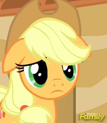 Size: 539x621 | Tagged: safe, screencap, applejack, earth pony, pony, g4, viva las pegasus, :c, discovery family logo, female, floppy ears, mare, sad, solo