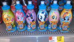 Size: 946x532 | Tagged: safe, applejack, fluttershy, pinkie pie, rainbow dash, rarity, twilight sparkle, alicorn, pony, g4, drink, in the wild, mane six, merchandise, twilight sparkle (alicorn), walmart