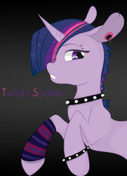 Size: 1445x2000 | Tagged: safe, artist:midnightstar26, twilight sparkle, pony, unicorn, g4, 2013, alternate hairstyle, black background, choker, clothes, ear piercing, female, gauges, gradient background, gray background, hair over one eye, horn, leg warmers, mare, piercing, punk, punklight sparkle, short hair, short hair twilight sparkle, simple background, solo, spiked choker, spiked wristband, striped leg warmers, unicorn twilight, wristband