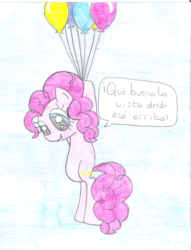 Size: 1514x1984 | Tagged: safe, artist:porfavorsuvida, pinkie pie, g4, balloon, female, solo, spanish, then watch her balloons lift her up to the sky, traditional art, translated in the comments