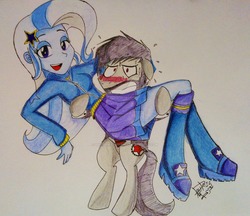 Size: 1024x885 | Tagged: safe, artist:suicidemachine363, trixie, oc, oc:bullet, equestria girls, g4, bridal carry, canon x oc, male, shipping, straight