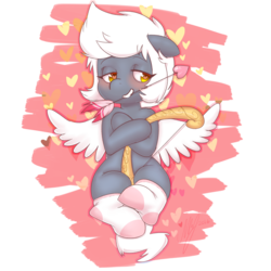 Size: 1280x1280 | Tagged: safe, artist:abeomaero, oc, oc only, oc:riptide, arrow, blushing, bow (weapon), chibi, clothes, cupid, heart arrow, mouth hold, smiling, socks, solo, wings