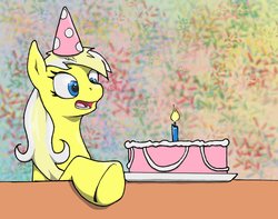 Size: 1350x1062 | Tagged: safe, artist:man-eating-llama, oc, oc only, oc:ersatz yellow, cake, candle, food, hat, party hat, solo