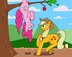 Size: 1800x1447 | Tagged: safe, artist:man-eating-llama, applejack, pinkie pie, g4, apple, food, hanging, tree, upside down