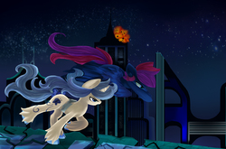 Size: 1972x1299 | Tagged: dead source, safe, artist:lunaritass, oc, oc only, oc:faradae skies, oc:shadow scope, pegasus, pony, unicorn, explosion, flying, running