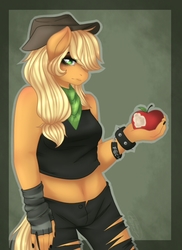 Size: 536x737 | Tagged: safe, artist:rainbowhitter, applejack, anthro, g4, apple, bracelet, clothes, emo, female, food, hat, jewelry, midriff, neckerchief, solo, speedpaint available, spiked wristband