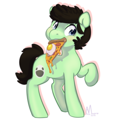Size: 1280x1280 | Tagged: safe, artist:abeomaero, oc, oc only, earth pony, pony, earth pony oc, egg (food), egg on pizza, food, hilarious in hindsight, male, mouth hold, pizza, solo, wtf