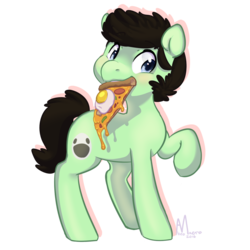 Size: 1280x1280 | Tagged: safe, artist:abeomaero, oc, oc only, earth pony, pony, earth pony oc, egg (food), egg on pizza, food, fried egg, hilarious in hindsight, male, mouth hold, pizza, solo, wtf