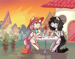 Size: 1024x808 | Tagged: safe, artist:kyaokay, oc, oc only, oc:keen mind, oc:sweet skies, pegasus, pony, autumn, bread, cottagecore, cup, female, food, handbag, heart eyes, looking at each other, looking at someone, male, mare, stallion, teacup, wingding eyes