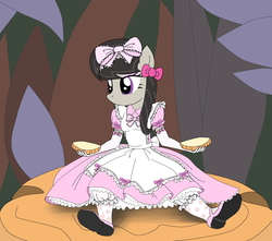 Size: 2500x2207 | Tagged: safe, artist:avchonline, octavia melody, earth pony, anthro, g4, alice in wonderland, bloomers, clothes, dress, eyeshadow, female, frilly dress, gloves, hair bow, high res, lace, makeup, mary janes, micro, mushroom, pantaloons, pantyhose, petticoat, pinafore, puffy sleeves, ribbon, ruffles, shoes, solo, tights
