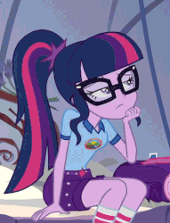 Size: 441x578 | Tagged: safe, screencap, sci-twi, twilight sparkle, equestria girls, g4, my little pony equestria girls: legend of everfree, animated, bed, camp everfree outfits, clothes, denim shorts, female, gif, glasses, high socks, legs, multicolored hair, ponytail, shirt, shorts, sitting, sitting on bed, solo, t-shirt, tomboy