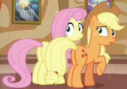 Size: 892x628 | Tagged: safe, screencap, applejack, fluttershy, pony, g4, viva las pegasus, butt, cropped, female, mare, plot