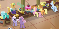 Size: 1067x531 | Tagged: safe, screencap, applejack, burning passion, fluttershy, gourmand ramsay, horseshoe comet, opulence, pony, g4, viva las pegasus, gordon ramsay, las pegasus resident