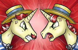 Size: 2620x1682 | Tagged: safe, artist:gaelledragons, flam, flim, g4, viva las pegasus, angry, argument, clothes, duo, flim flam brothers, hat, necktie, open mouth, tongue out