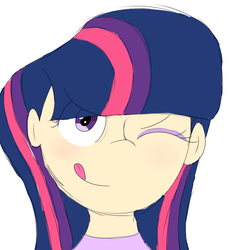 Size: 693x747 | Tagged: safe, anonymous artist, twilight sparkle, human, g4, bust, colored sketch, female, humanized, looking at you, one eye closed, portrait, simple background, sketch, solo, tongue out, white background, wink