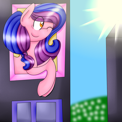 Size: 2500x2500 | Tagged: safe, artist:hurricanestarpegasus, oc, oc only, oc:color butterfly, high res, one eye closed, smiling, solo, sun, window, wink