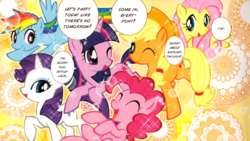 Size: 855x482 | Tagged: safe, artist:akira himekawa, applejack, fluttershy, pinkie pie, rainbow dash, rarity, twilight sparkle, pony, unicorn, g4, official, apology, comic, cropped, cute, eye shimmer, fractal, glowing, laughing, mane six, manga, one eye closed, smiling, sparkles, translation, unicorn twilight, wink, yay