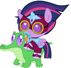 Size: 1036x993 | Tagged: safe, artist:red4567, gummy, twilight sparkle, alicorn, pony, g4, power ponies (episode), baby, baby pony, babylight sparkle, cute, masked matter-horn costume, pacifier, ponies riding gators, power ponies, riding, twiabetes, twilight sparkle (alicorn), weapons-grade cute