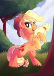 Size: 1024x1434 | Tagged: safe, artist:drawntildawn, applejack, g4, female, open mouth, rearing, smiling, solo, tree, watermark