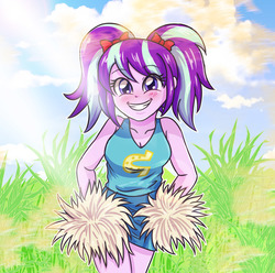 Size: 3507x3472 | Tagged: safe, artist:sumin6301, starlight glimmer, equestria girls, g4, blushing, canterlot high, cheerleader, clothes, cute, equestria girls-ified, female, glimmerbetes, happy, high res, looking at you, pigtails, pom pom, school spirit, skirt, smiling, solo, wondercolts