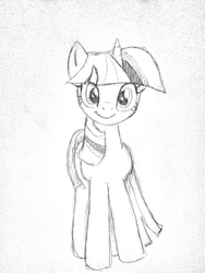 Size: 640x853 | Tagged: safe, artist:djzapapple, twilight sparkle, g4, black and white, female, grayscale, looking at you, monochrome, newbie artist training grounds, smiling, solo, traditional art