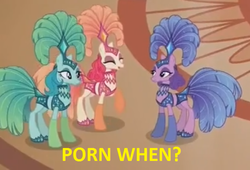 Size: 580x394 | Tagged: safe, edit, edited screencap, screencap, emerald flare, sapphire sequins, sunset circus, earth pony, pony, g4, viva las pegasus, caption, implied porn, porn when, show mares, showgirl